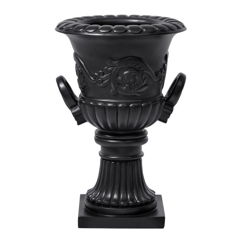 Classical Roman Pedestal Urn Decorative Outdoor Planter with Embossed Floral – Black, photo 4 of 8