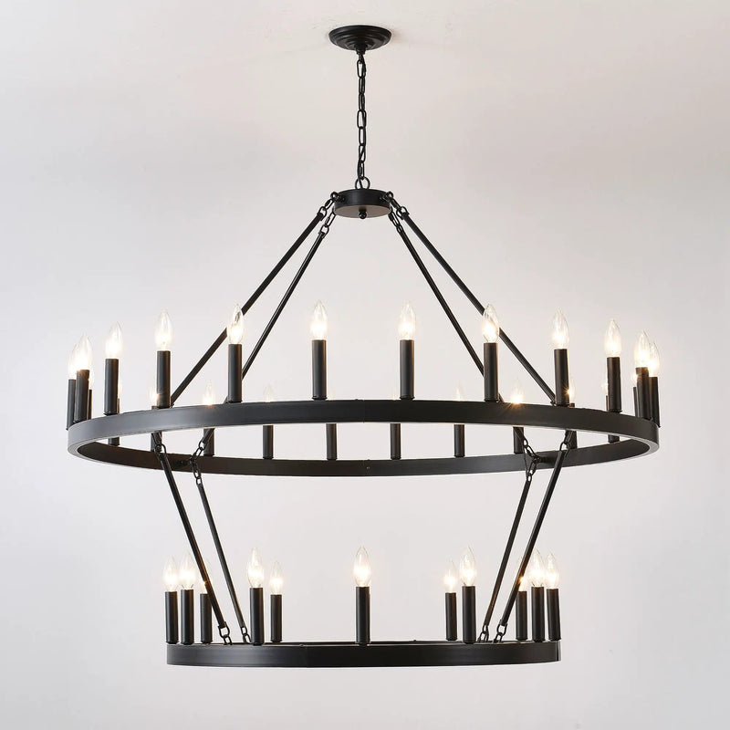 2 Tiers Wagon Wheel Chandelier Wooden Farmhouse 36 Light (24 / 12) Or (12 / 24) Metal Chandeliers 2 Story Light Fixtures Industrial For High Ceiling Living Dining Room Foyer, Adjustable Height - Black by HouseOfZazla
