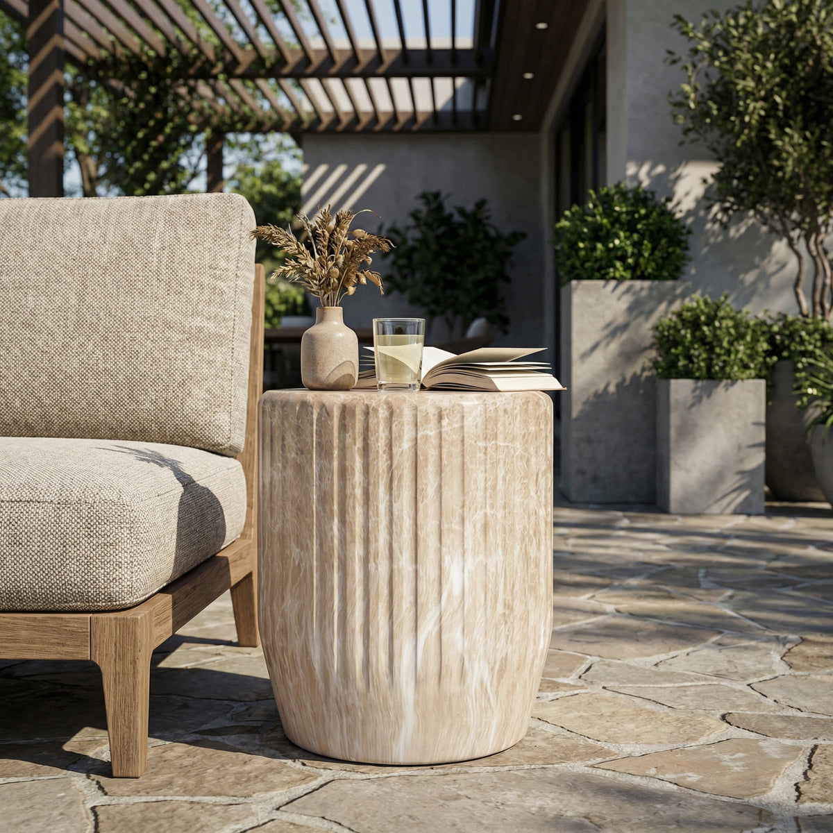 Outdoor Cicci Carved Side Table with Concrete Finish - White or Gold, photo 2 of 10