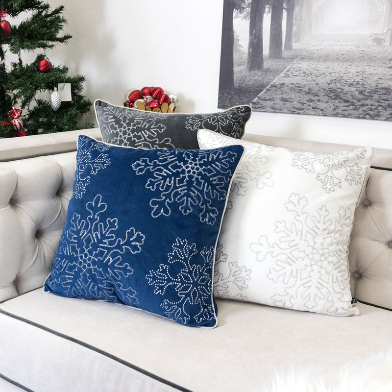 Blue Velvet Holiday Throw Pillow with Silver Snowflakes - Blue, photo 5 of 5