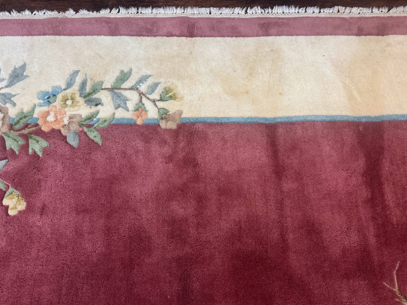 Indo Chinese Art Deco Rug 9x12, Pink and Ivory, Open Filed, Floral, Wool by Jewel Rugs