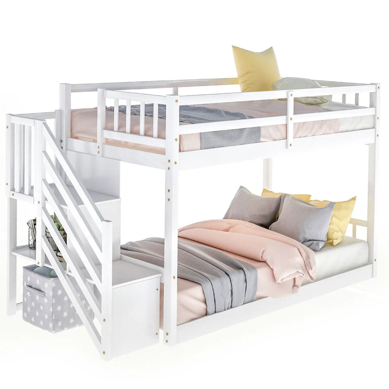 Twin Over Twin Floor Bunk Bed, Ladder With Storage by Unique Piece Furniture