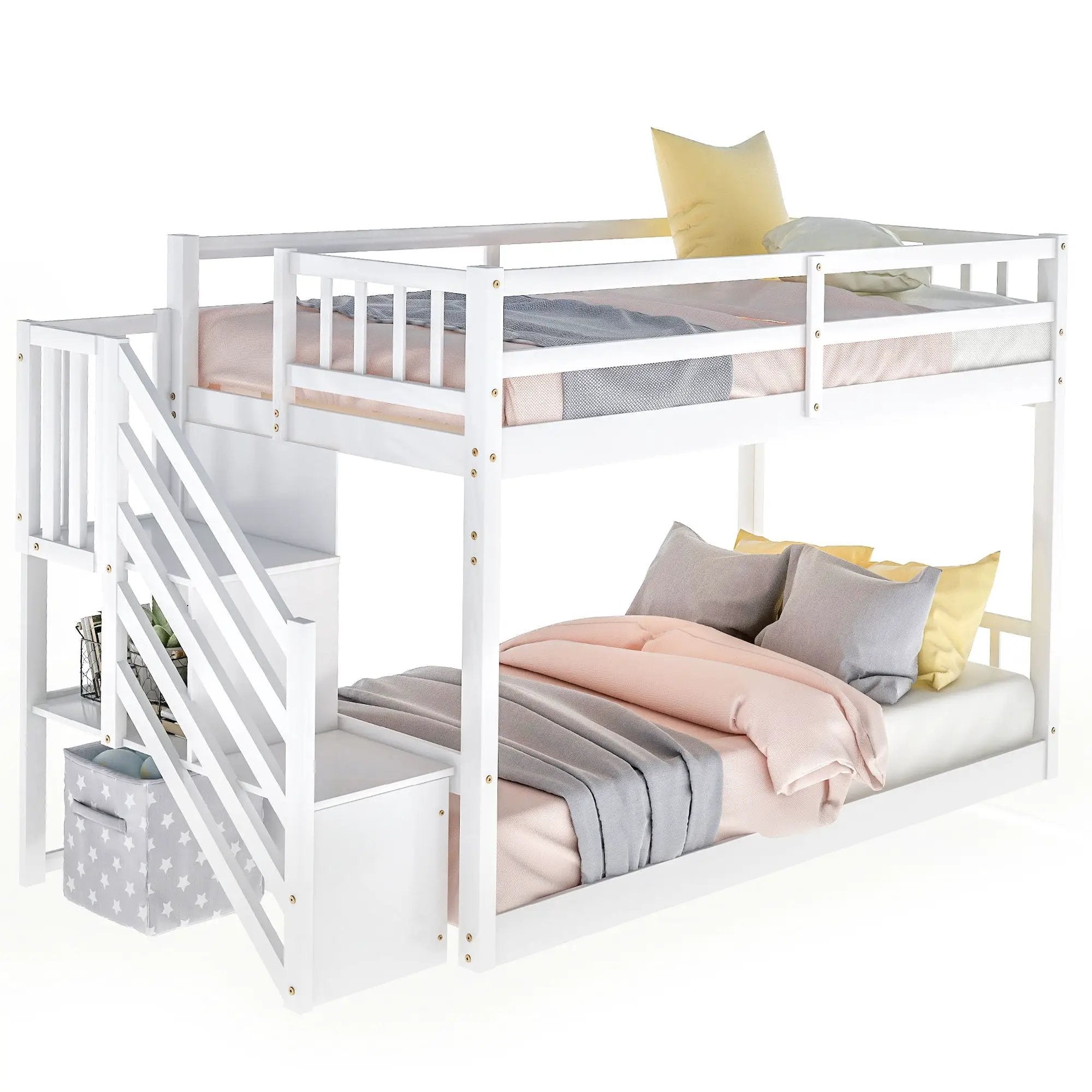 Norset - Twin Over Twin Floor Bunk Bed, Ladder With Storage by Unique Piece Furniture
