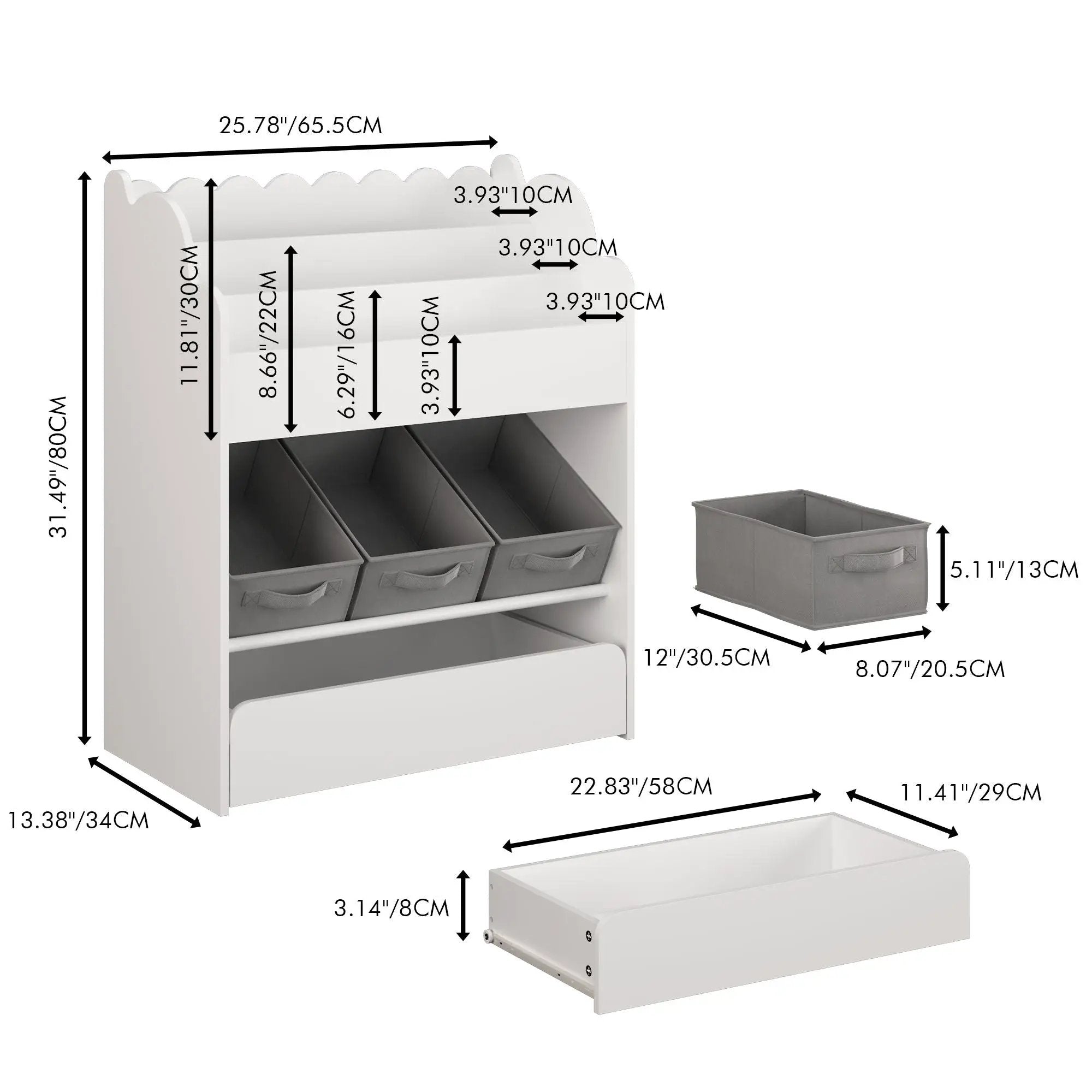 Bookshelf With Storage Bins And Drawer, Multi Functional Book Organizer For Toddlers - White by Unique Piece Furniture