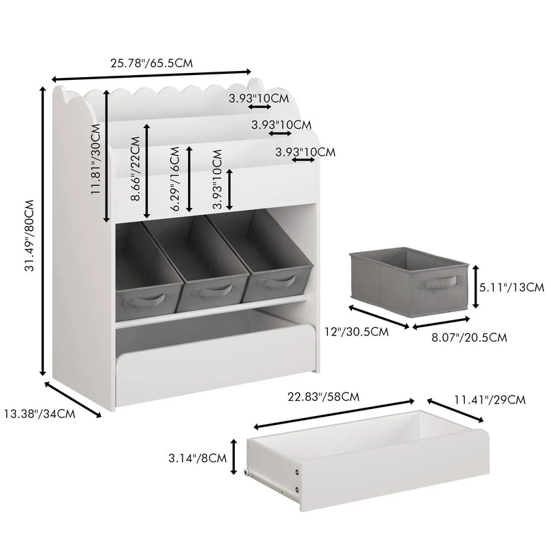 Bookshelf With Storage Bins And Drawer, Multi Functional Book Organizer For Toddlers - White by Unique Piece Furniture