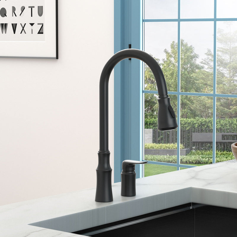 16.9" Kitchen Sink Faucet With Separate Handle And Pull Down Sprayer, Lead Free Brass - Matte Black by HouseOfZazla