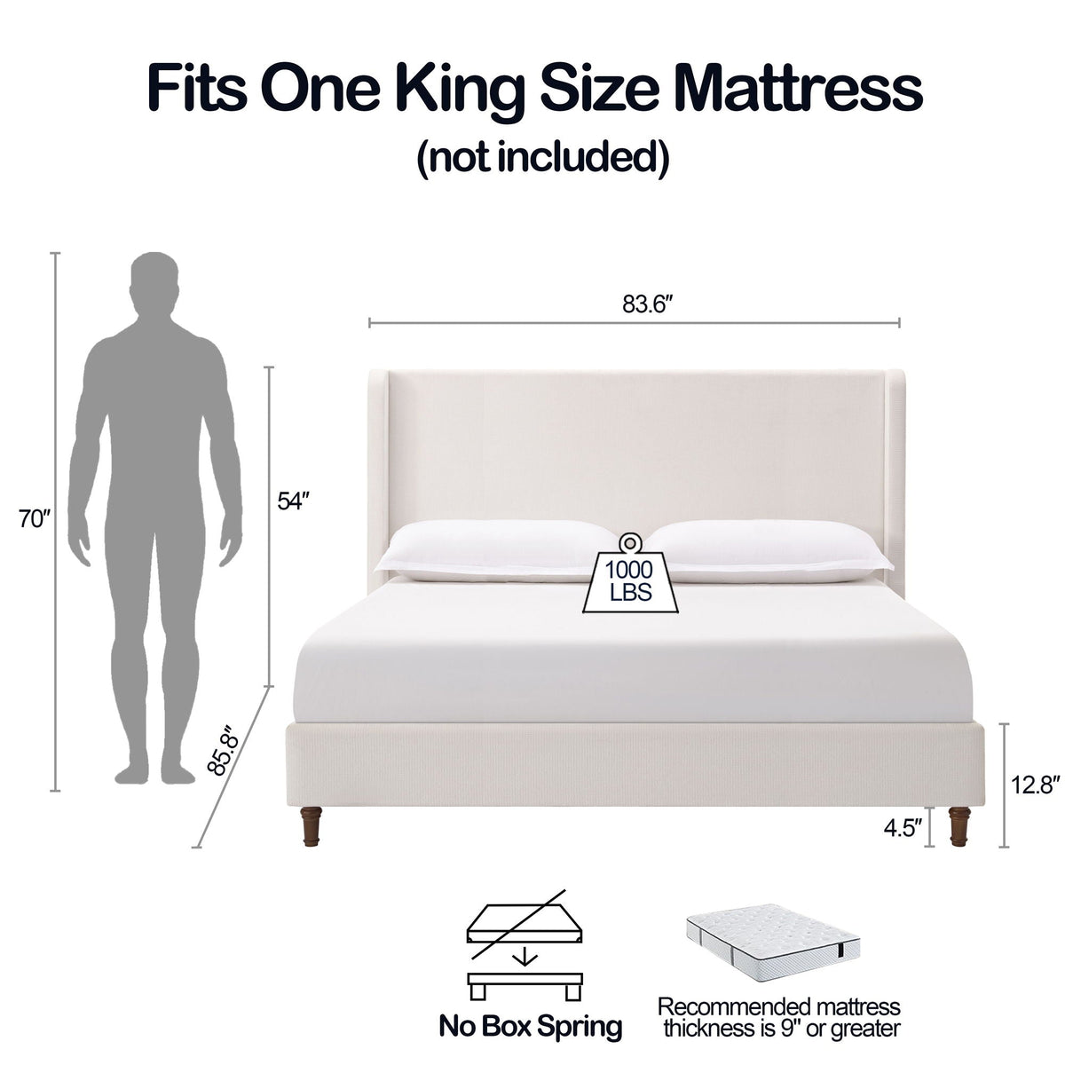 Tall Headboard Upholstered Bed with No Box Spring Needed - Cream, photo 30 of 40