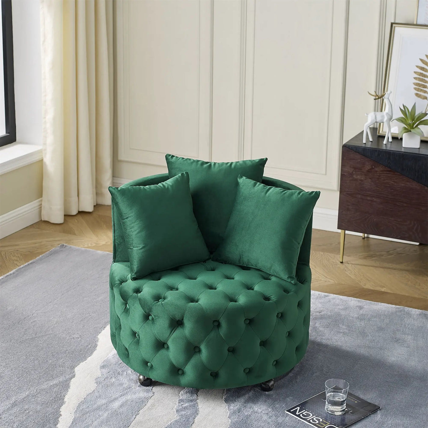 Modern Upholstered Swivel Chair With Button Tufted Design And Movable Wheels by HouseOfZazla