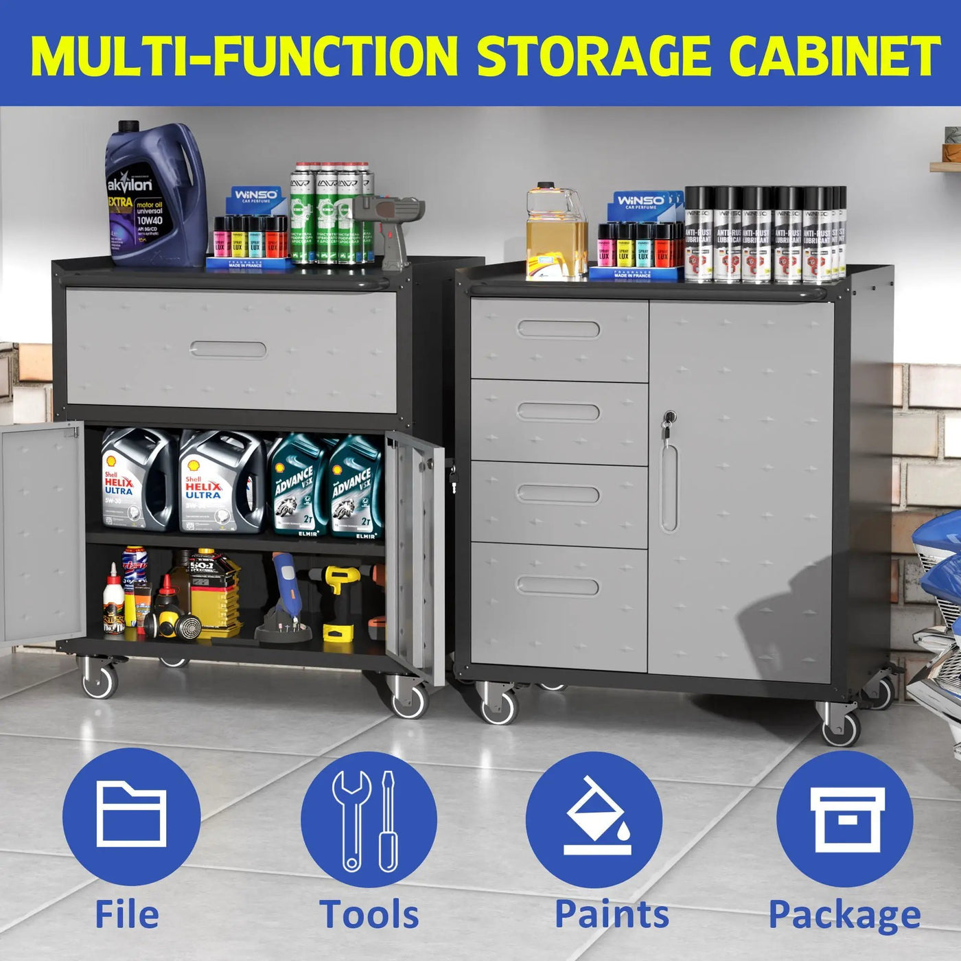 Sturdy Metal Tool Storage Cabinet With Wheels Durable Garage, Office & Home Organizer Steel by HouseOfZazla