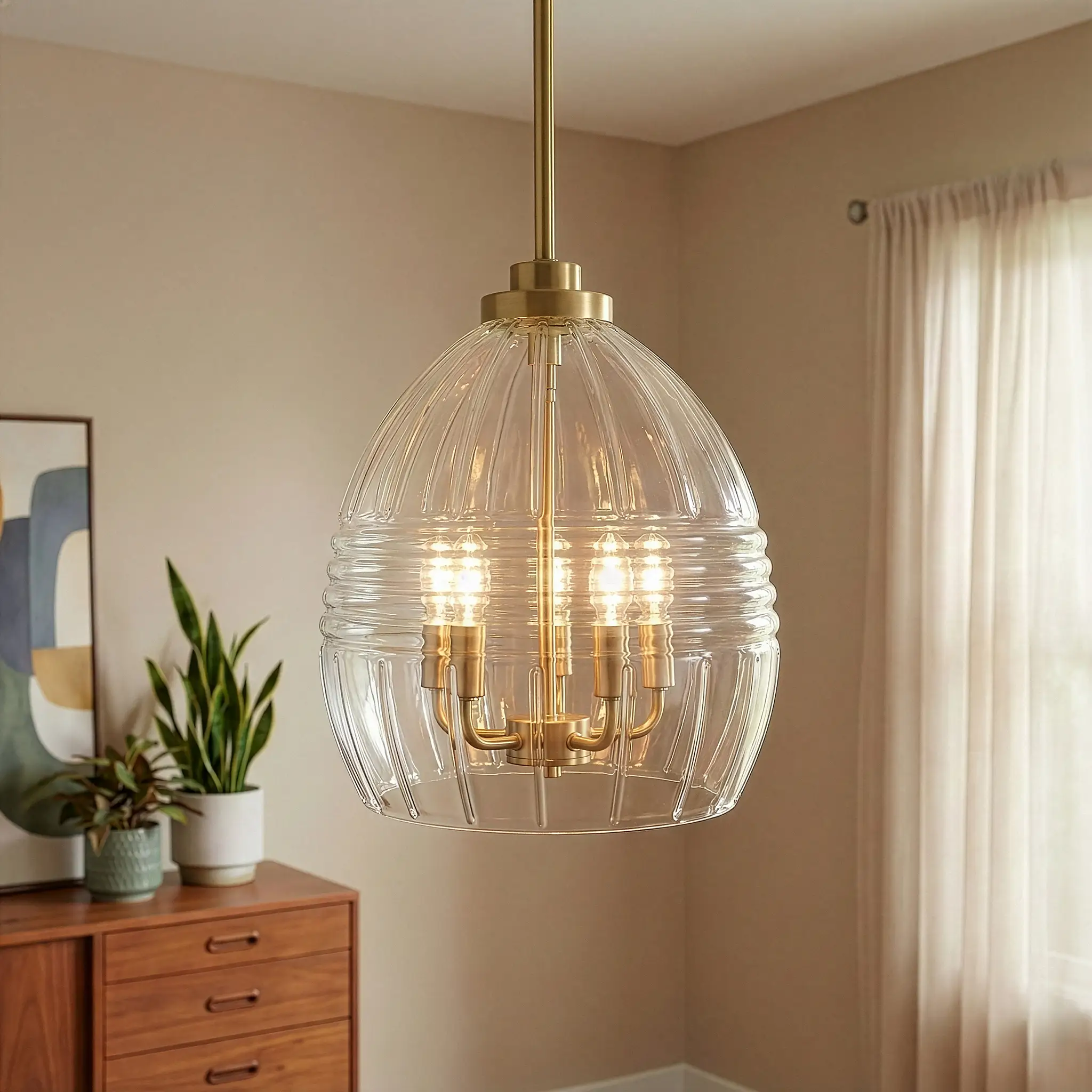 Zen Five Pendant Chain Hanging Light with Clear Glass - Satin by HouseOfZazla