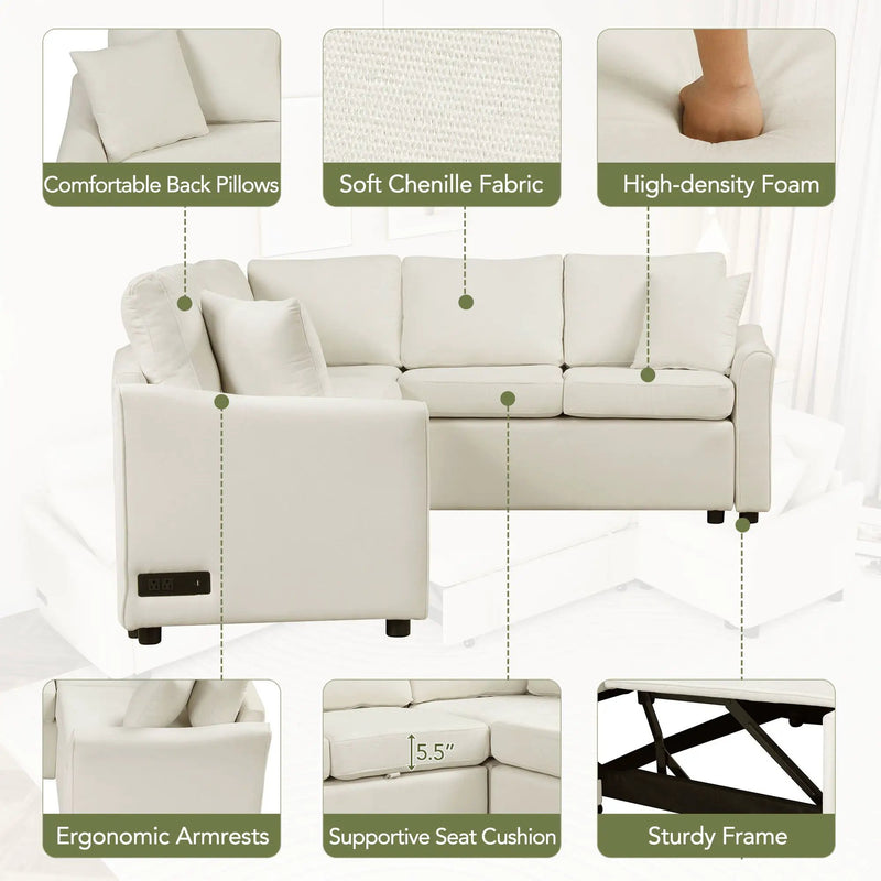 L-Shaped Sofa Convertible Sofa Bed Pull Out Sofa Sleeper With Two Back Pillows, Two USB Ports And Two Power Sockets For Living Room by HouseOfZazla