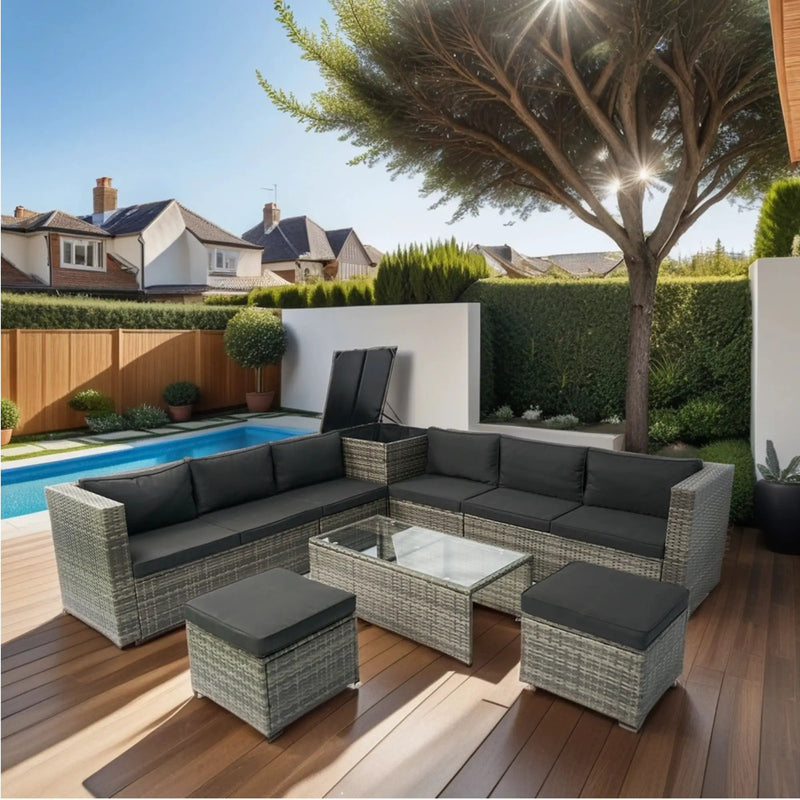 8 Piece Patio Sectional Wicker Rattan Outdoor Furniture Sof Set With One Storage Box Under Seat And Cushion Box - Gray / Black by Unique Piece Furniture