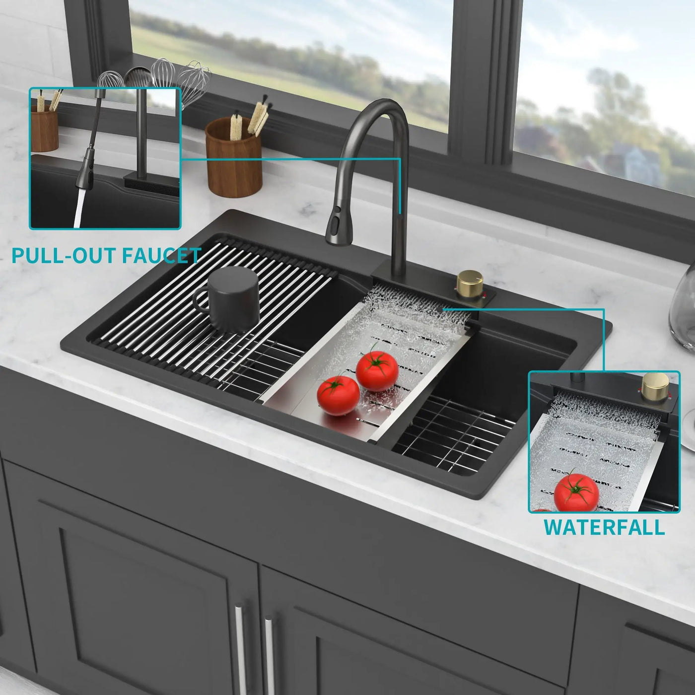 Waterfall Kitchen Sink With Pull Out Faucet & Cup Washer by HouseOfZazla