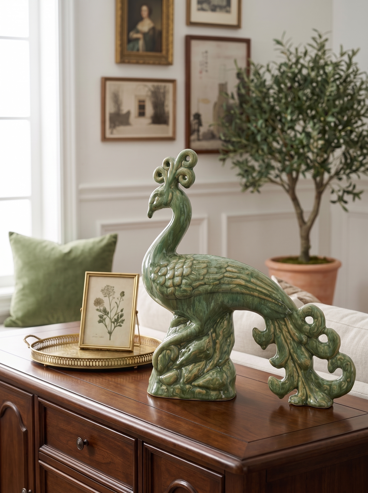 Ceramic Peacock Sculpture with Lustrous Glaze - 14 Inch