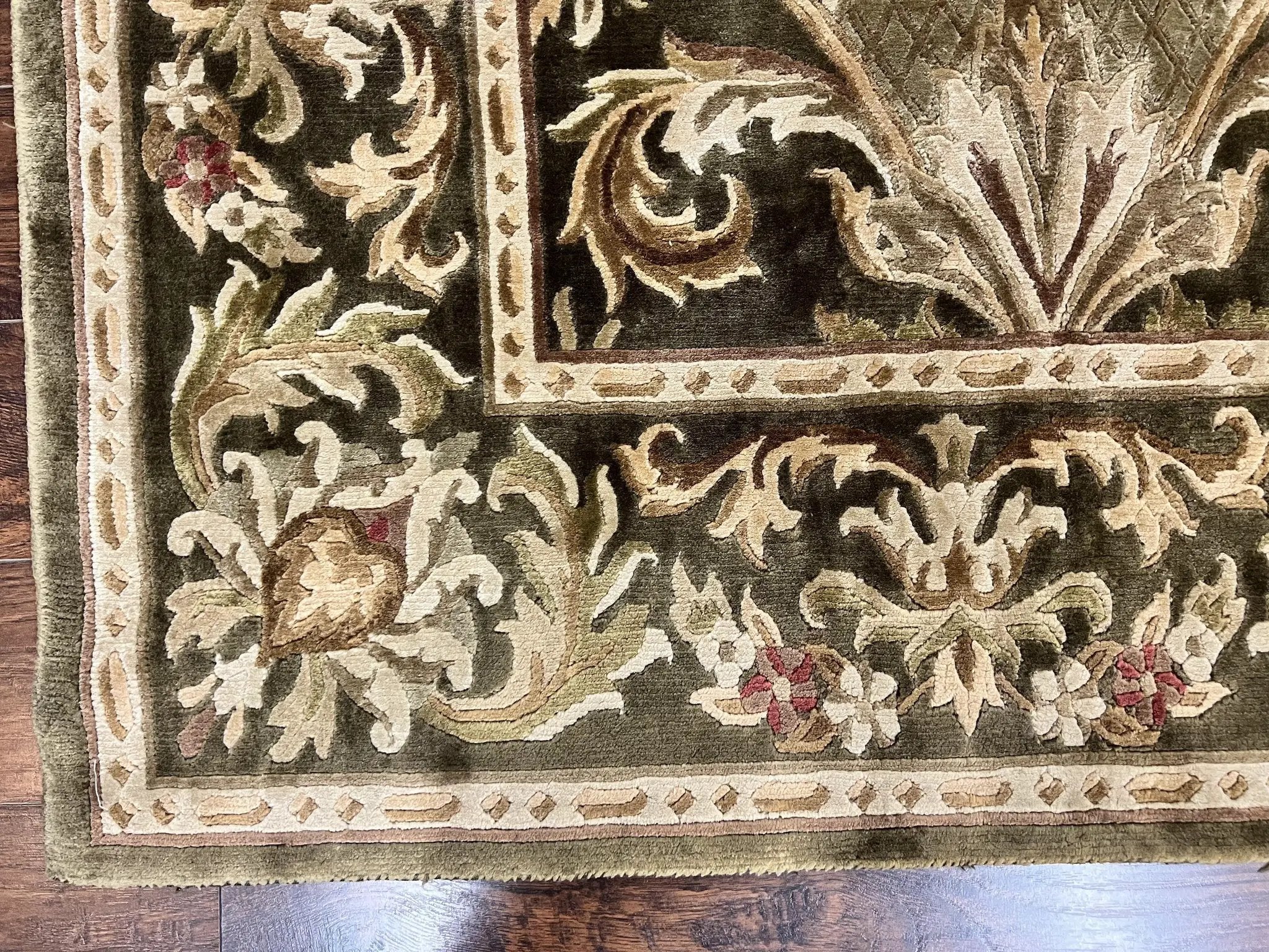 Tibetan Rug 8x10, European Design, Floral, Green, Handmade, Wool, Nepali Rug by Jewel Rugs