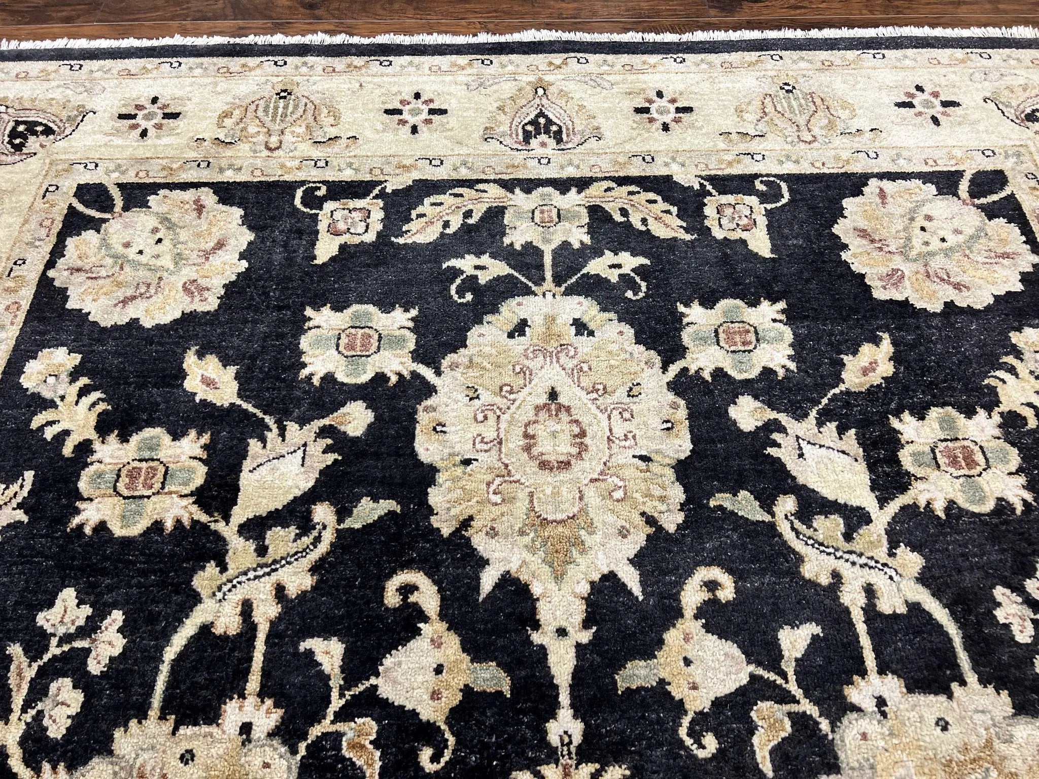 Indo Mahal Rug 8x10, Black and Beige, Vintage Rug 8 x 10 ft, Floral, Handmade Wool Carpet by Jewel Rugs