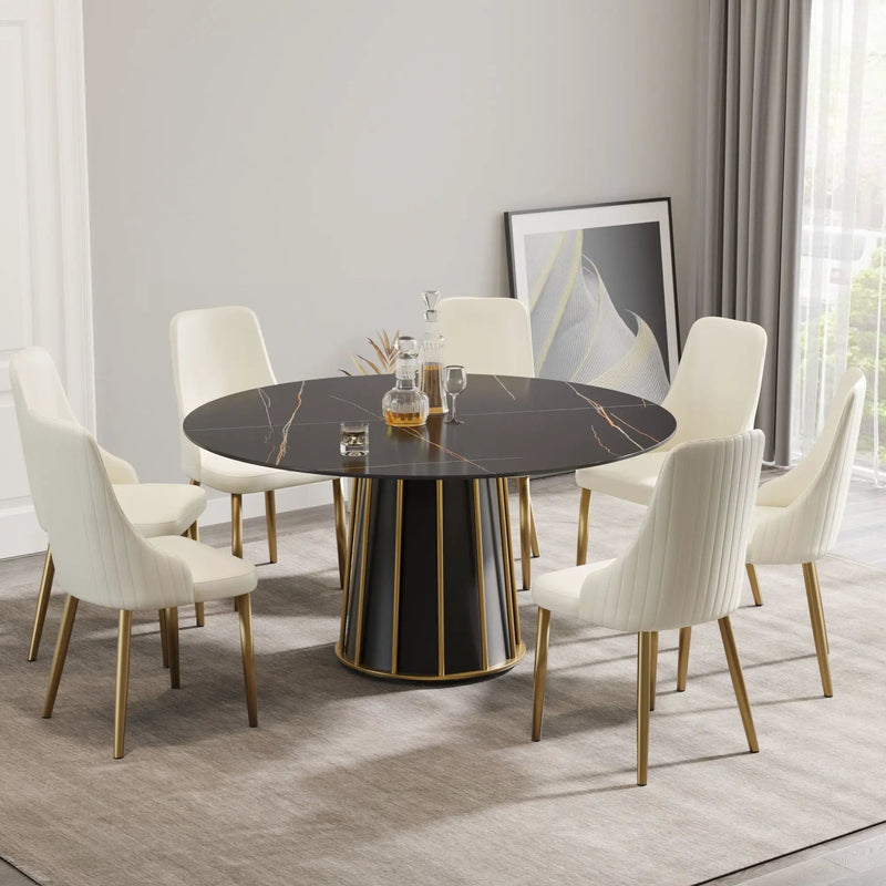 Modern Artificial Stone Round Metal Iron Base Dining Table, Can Accommodate 8 People, (Not Including Chairs) - Black by HouseOfZazla