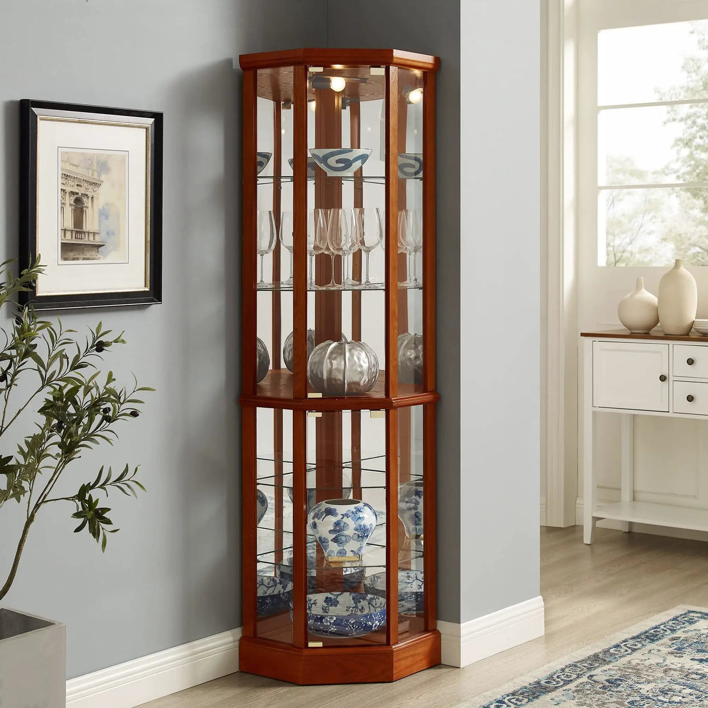 6 Shelf Lighted Corner Curio Cabinet With Adjustable Tempered Glass Shelves And Mirror Back (E26 Light Bulb Not Included) by HouseOfZazla