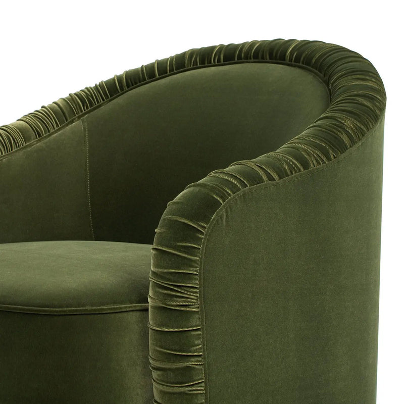 Serena 31.5" Ruched Barrel Back Accent Arm Chair with Bullion Fringe, Olive by HouseOfZazla
