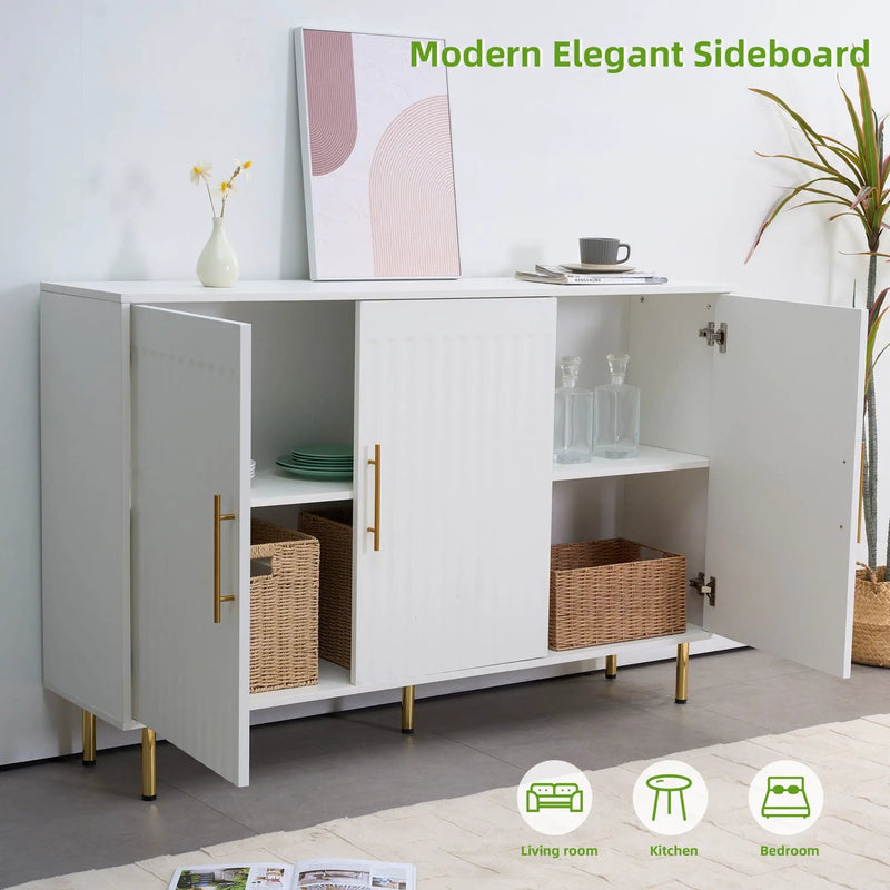 3 Door Large Storage Sideboard With Handles For Kitchen, Dining Room And Living Room, Accent Buffet Cabinet, Coffee Bar Sideboard Cabinet With 3 Doors - White / Gold by HouseOfZazla