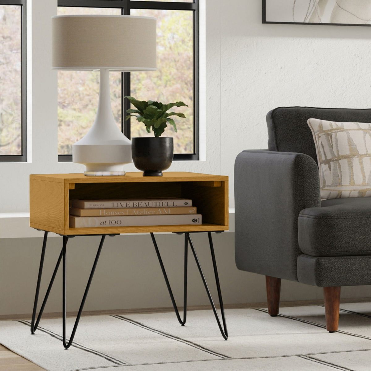 Wood End Table with Open Storage and Iron Hairpin Legs - Dark or Light Brown, photo 8 of 12
