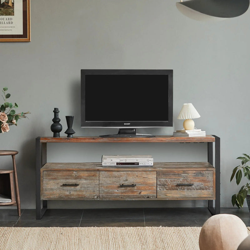 Reclaimed Wood Media TV Console Table With 3 Drarwer, Open Shelf - Antique Gray by Unique Piece Furniture