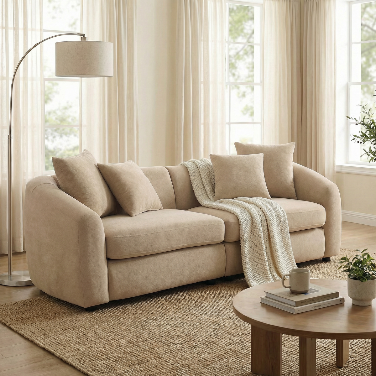 Modern Curved 3 Seater Velvet Sofa with Sturdy Wood Frame - Orange or Camel, photo 2 of 4