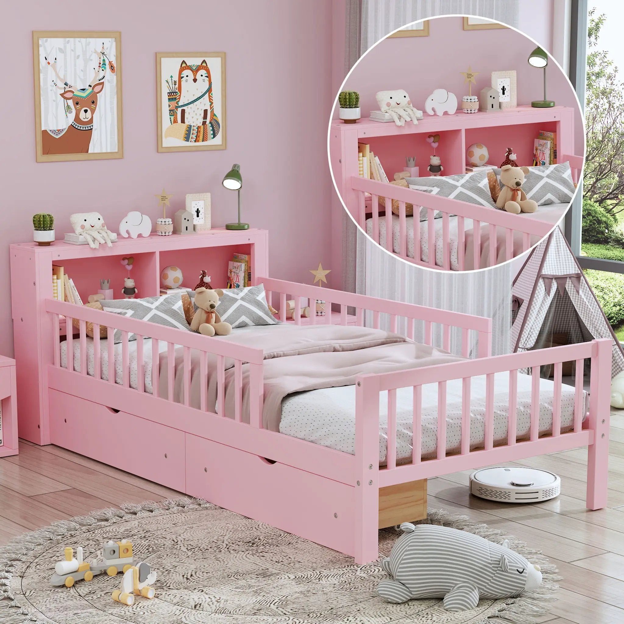 Bed With Headboard Storage Rack, 2 Under Bed Drawers, 3 Side Guardrails For Safety by HouseOfZazla