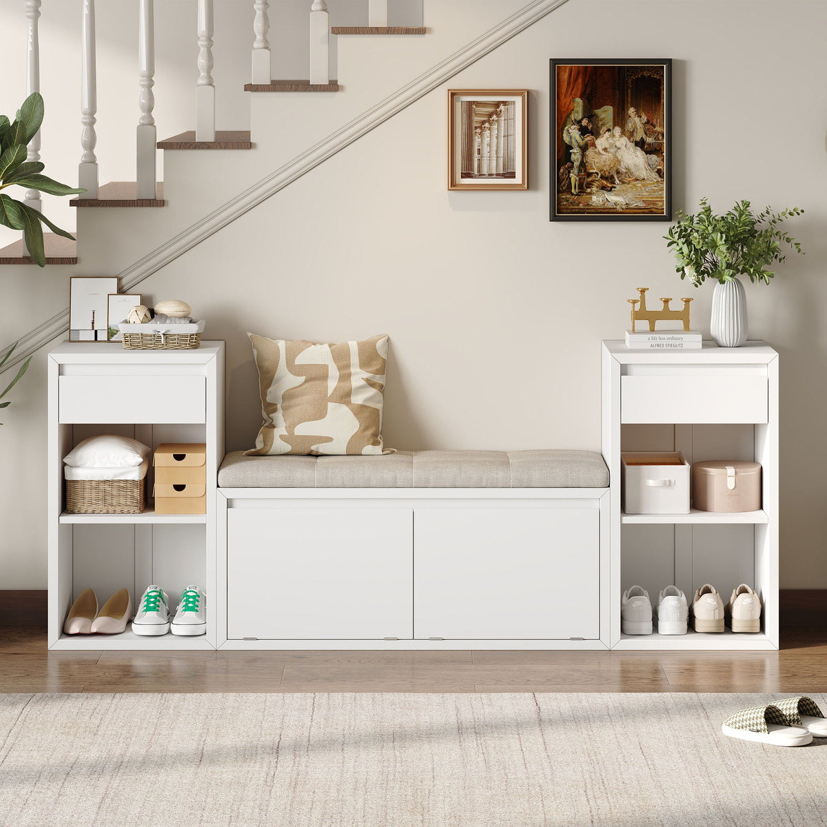 Entryway Storage Bench With Cushion, Drawers & Open Shelves, photo 19 of 25