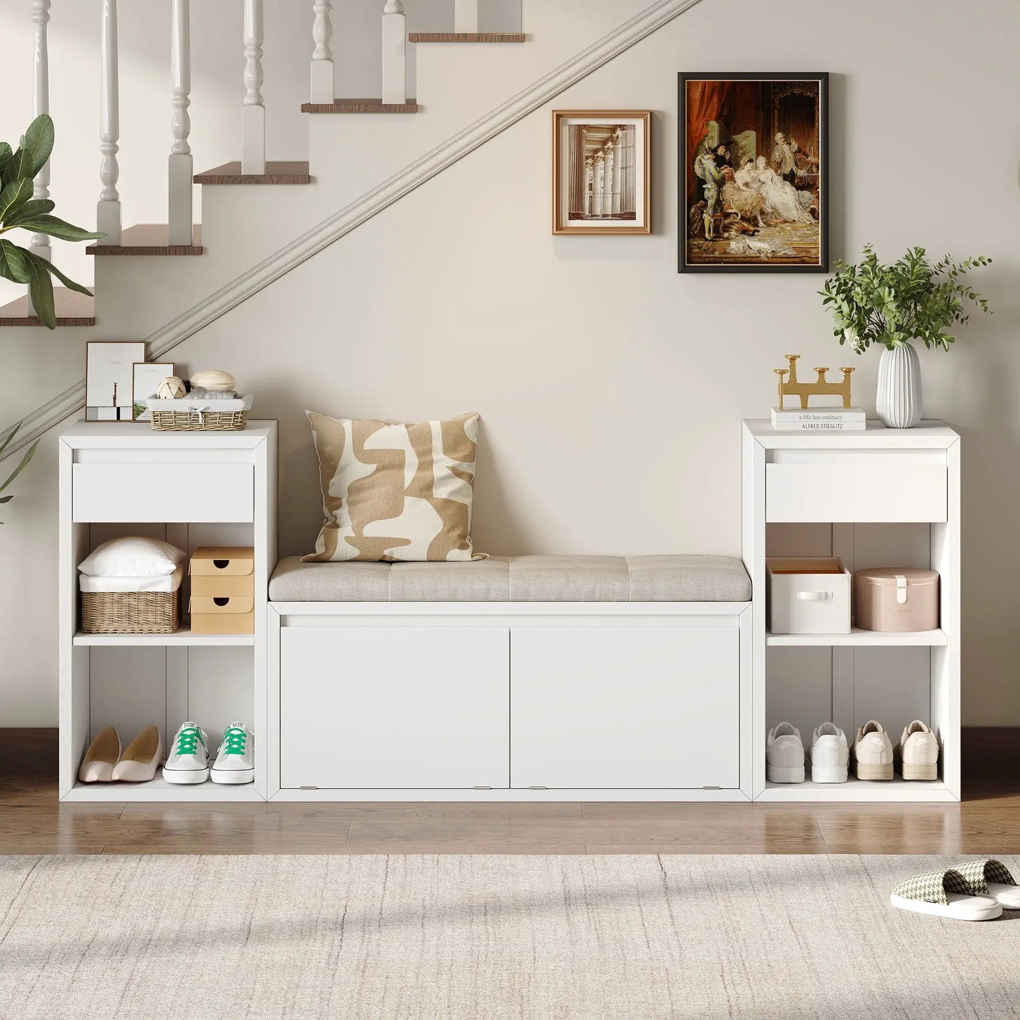 Entryway Storage Bench With Cushion, Drawers & Open Shelves by Unique Piece Furniture