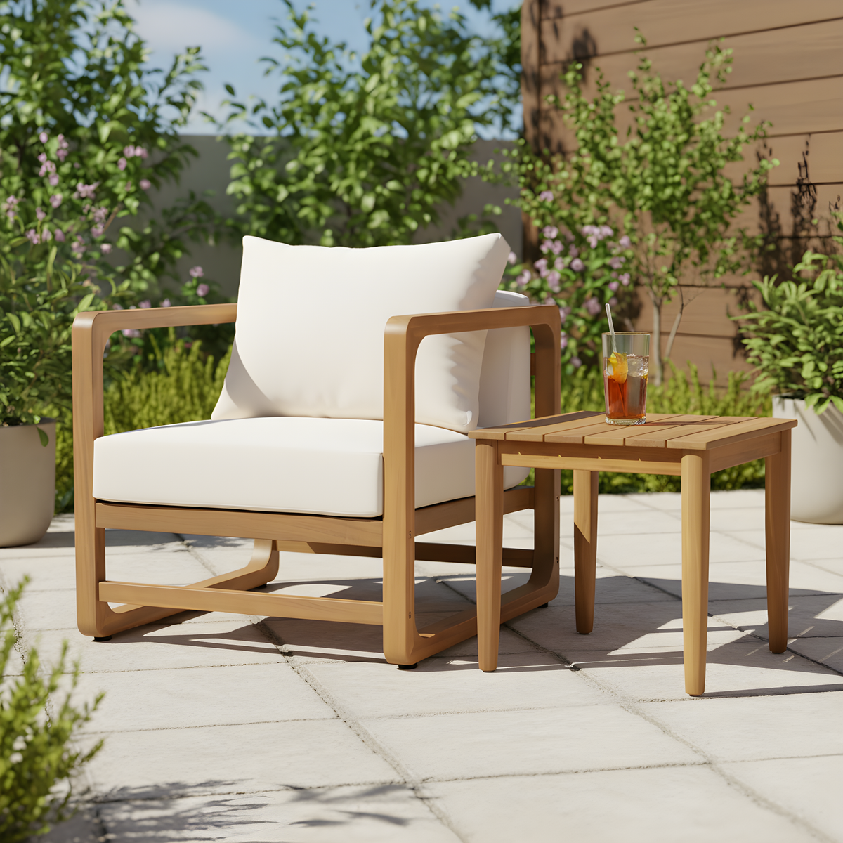 Acacia Wood Lounge Chair & Rustic Slat Side Table Set with White Cushions