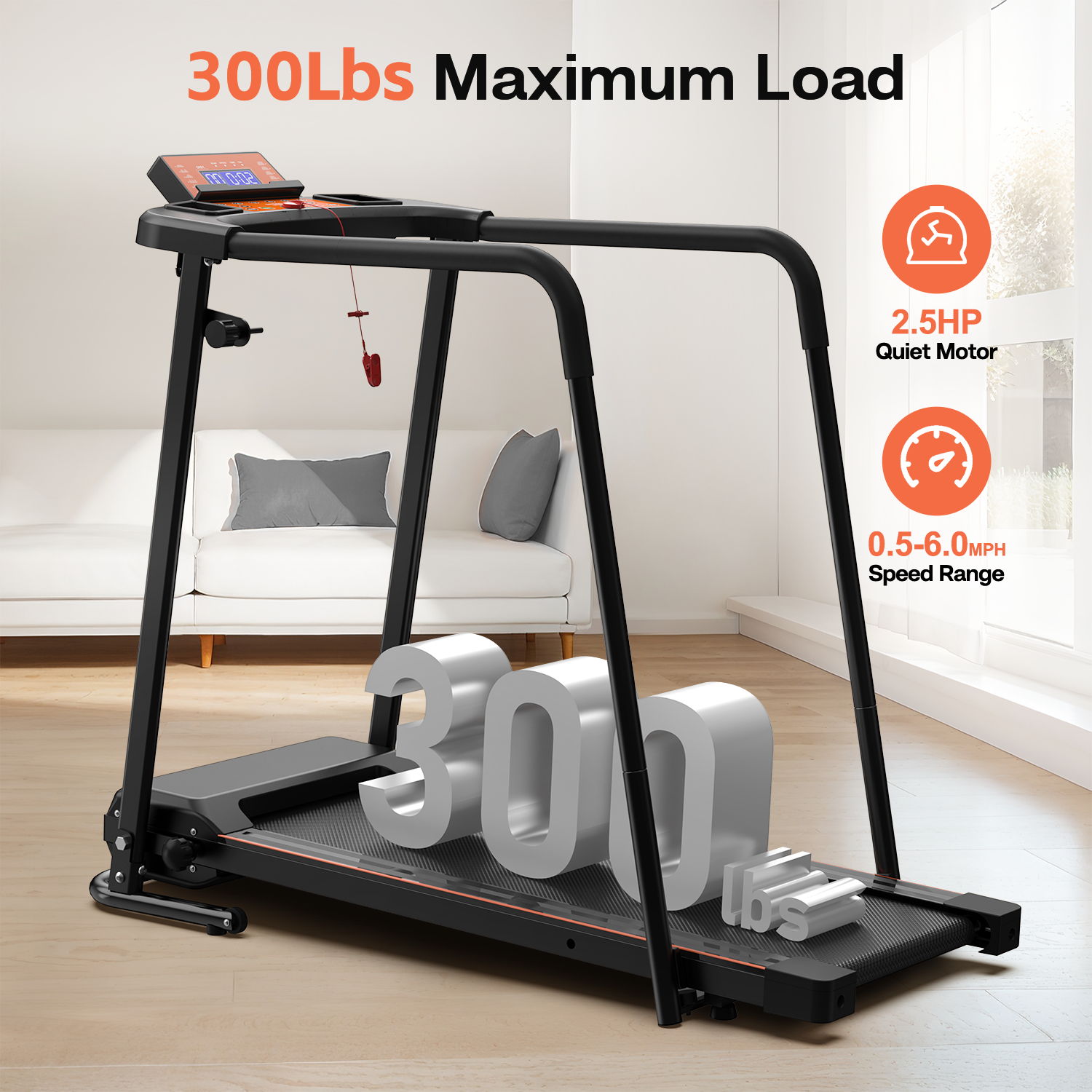 Home Fitness Treadmill With Extended Handrails, Portable Foldable Design - Black / Orange by HouseOfZazla