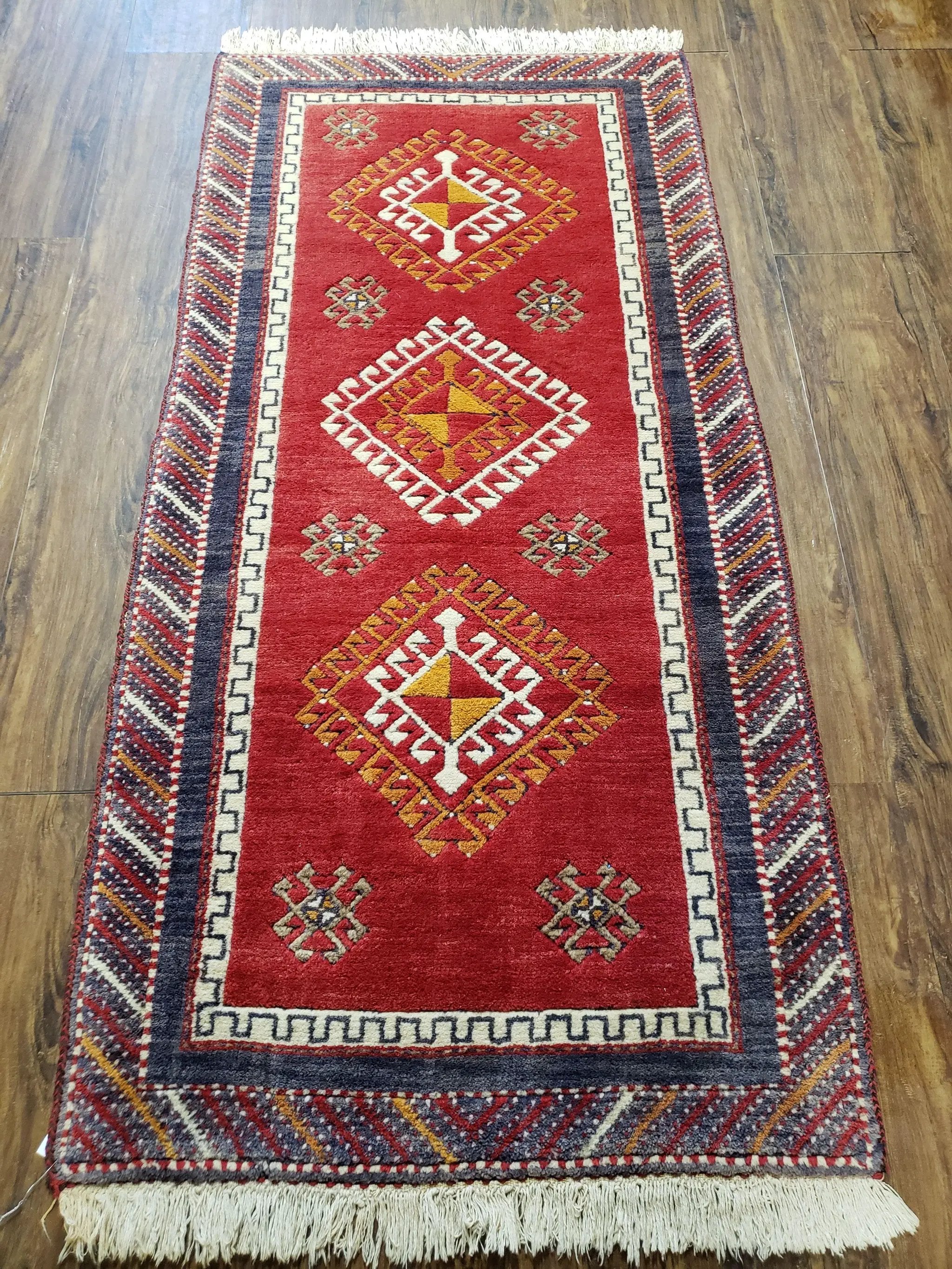 Vintage Turkish Kazak Rug 2.5 x 5 Red Wool Carpet Medallions Runner Geometric by Jewel Rugs