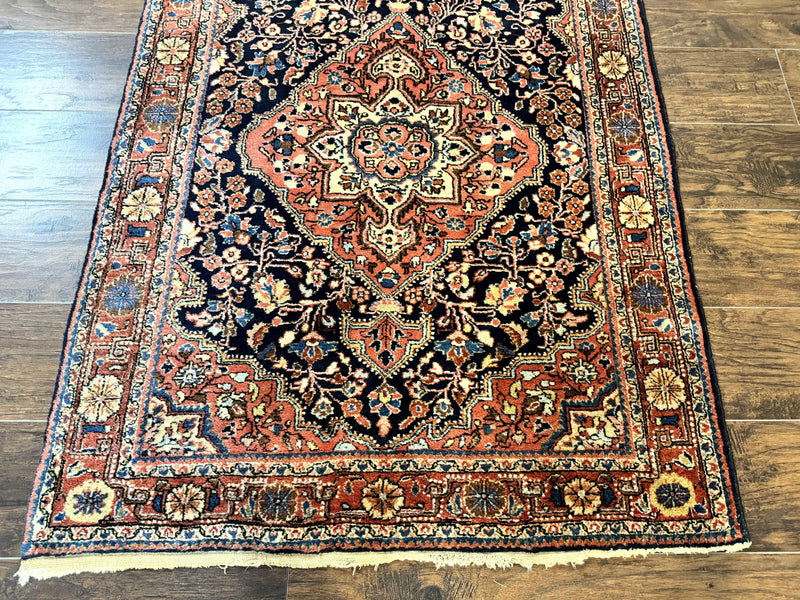 Persian Sarouk Rug 3.6 x 5, Medallion Rug, Red and Midnight Blue, Handmade Semi Antique Vintage Wool Carpet by Jewel Rugs