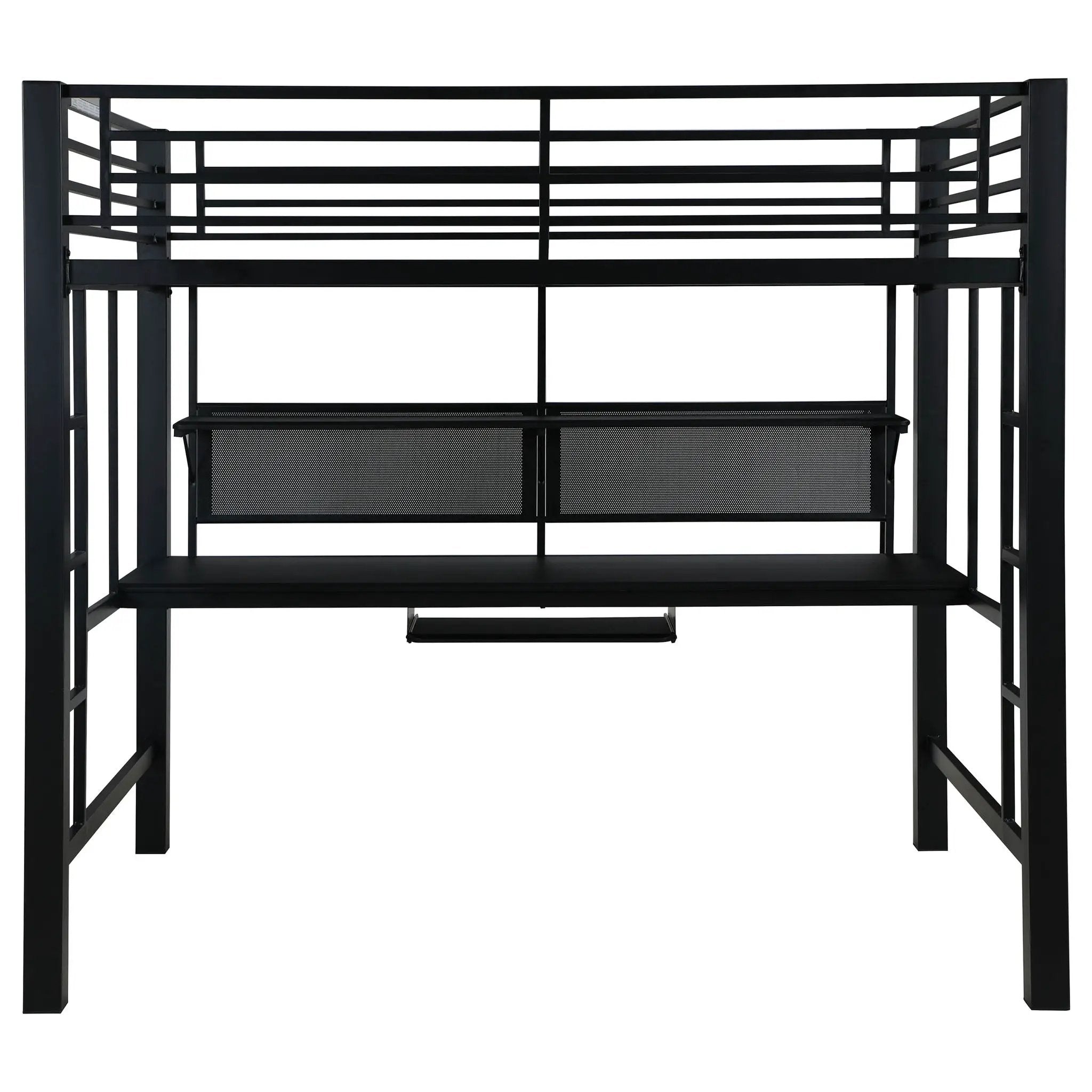 Ranier - Full Workstation Loft Bed, Full Length Desk, Safety Rails And Storage Shelves - Black by HouseOfZazla