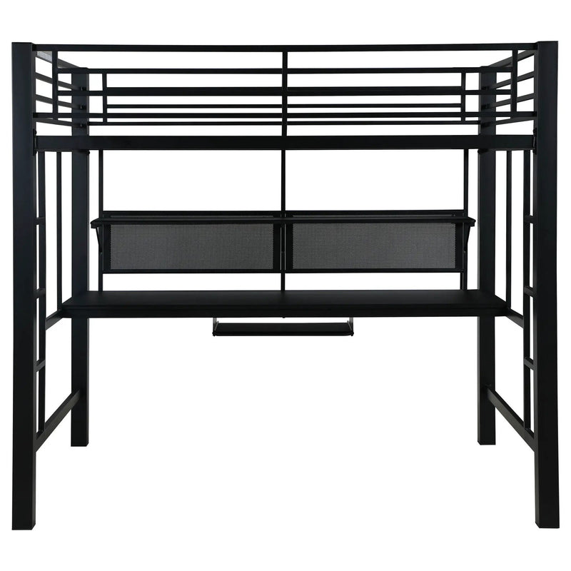 Ranier - Full Workstation Loft Bed, Full Length Desk, Safety Rails And Storage Shelves - Black by HouseOfZazla