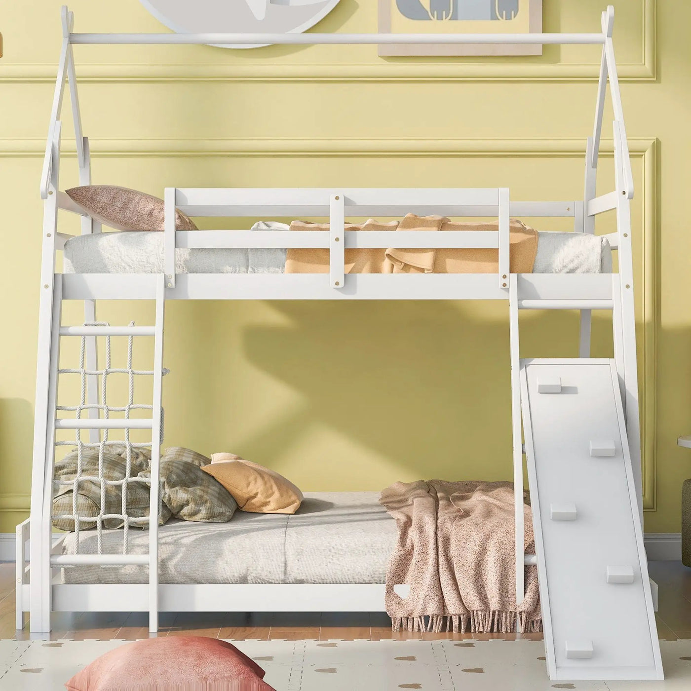 Twin Over Queen House Bunk Bed With Climbing Nets And Climbing Ramp by HouseOfZazla