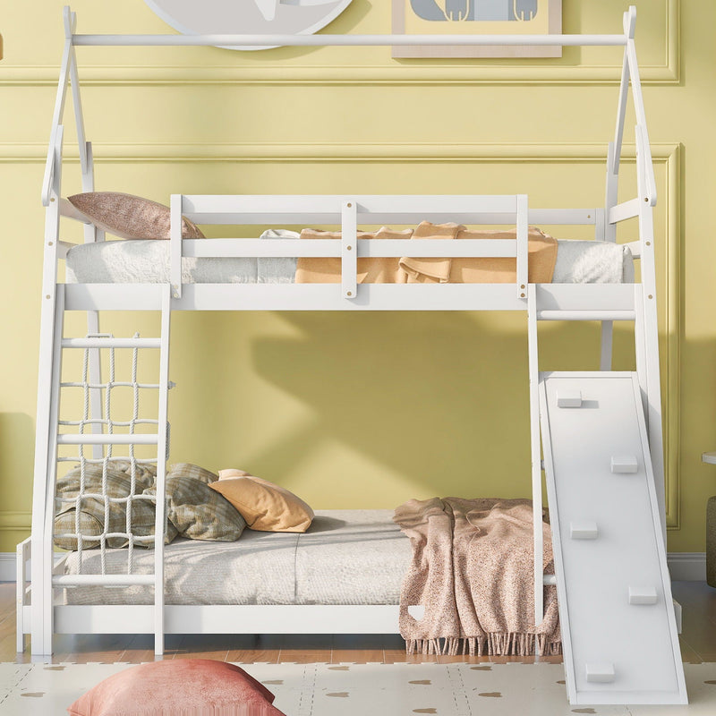 Twin Over Queen House Bunk Bed With Climbing Nets And Climbing Ramp by HouseOfZazla