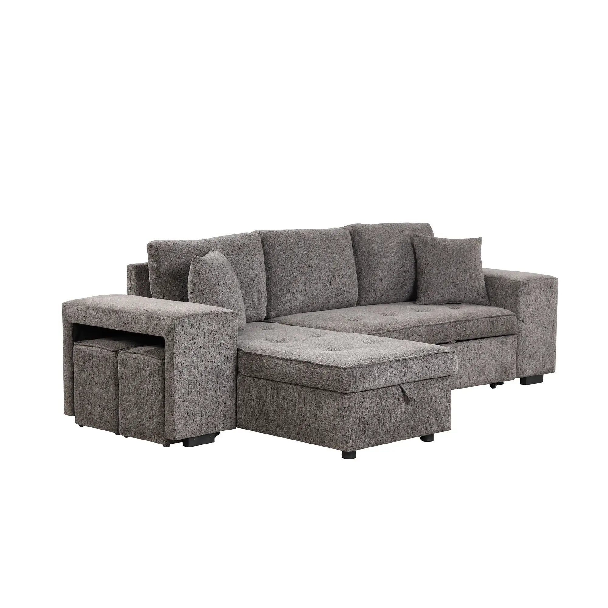 Modern L-Shape 3 Seat Reversible Sectional Couch, Pull Out Sleeper Sofa With Storage Chaise And 2 Stools For Living Room Furniture Set by HouseOfZazla