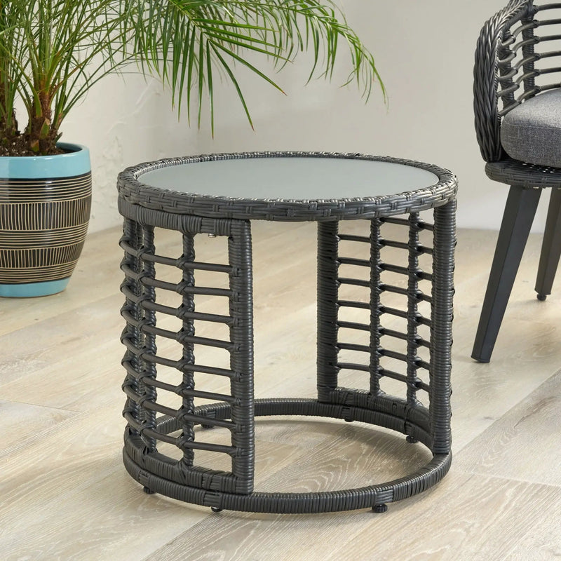 Achill Outdoor Modern Boho Wicker Side Table With Glass Top - Gray by HouseOfZazla