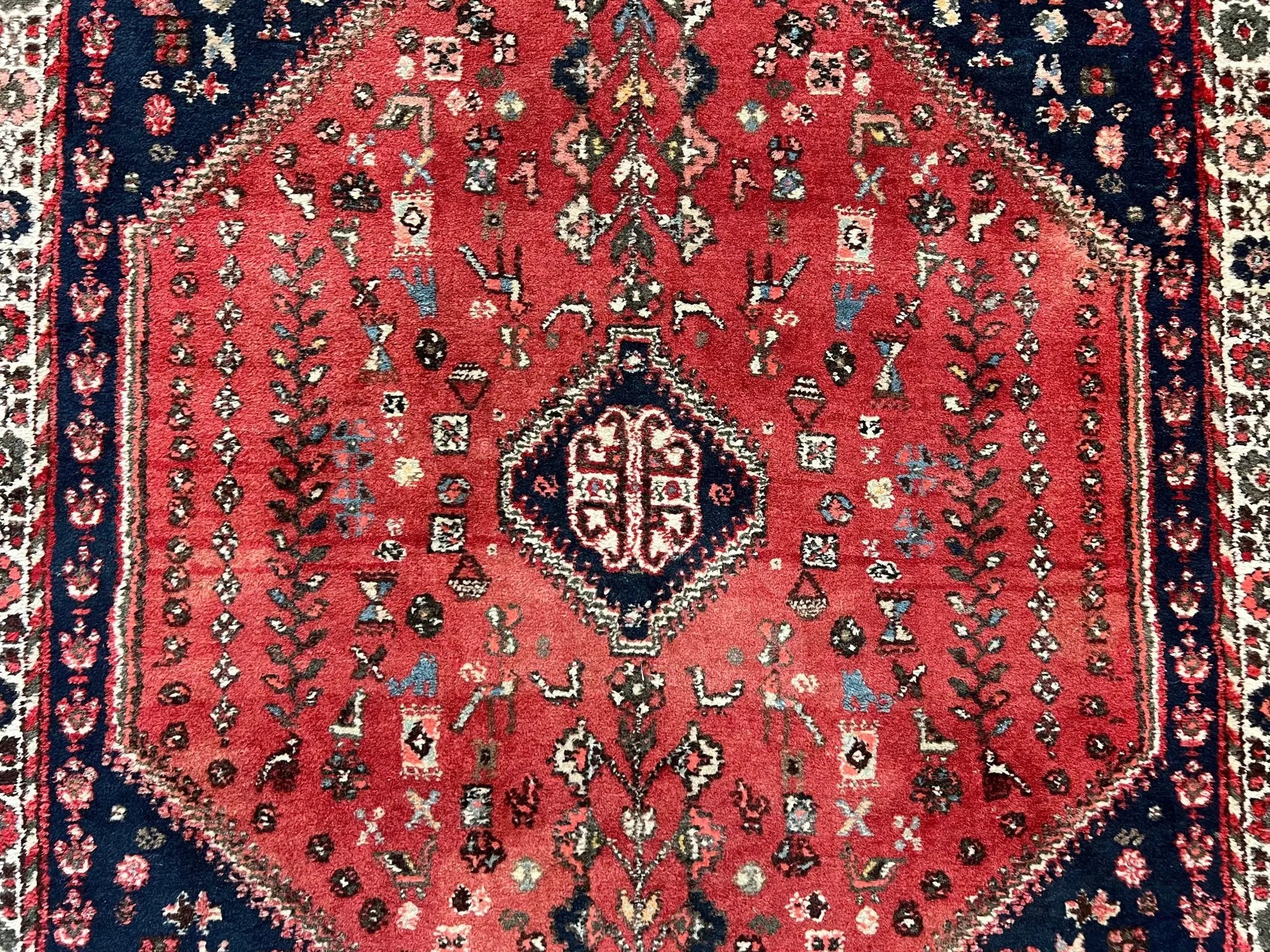 Persian Tribal Rug 3.6 x 5 ft, Persian Abadeh Rug, Geometric Medallion Bird Motifs, Red and Navy Blue Hand Knotted Handmade Wool Vintage Oriental Carpet by Jewel Rugs