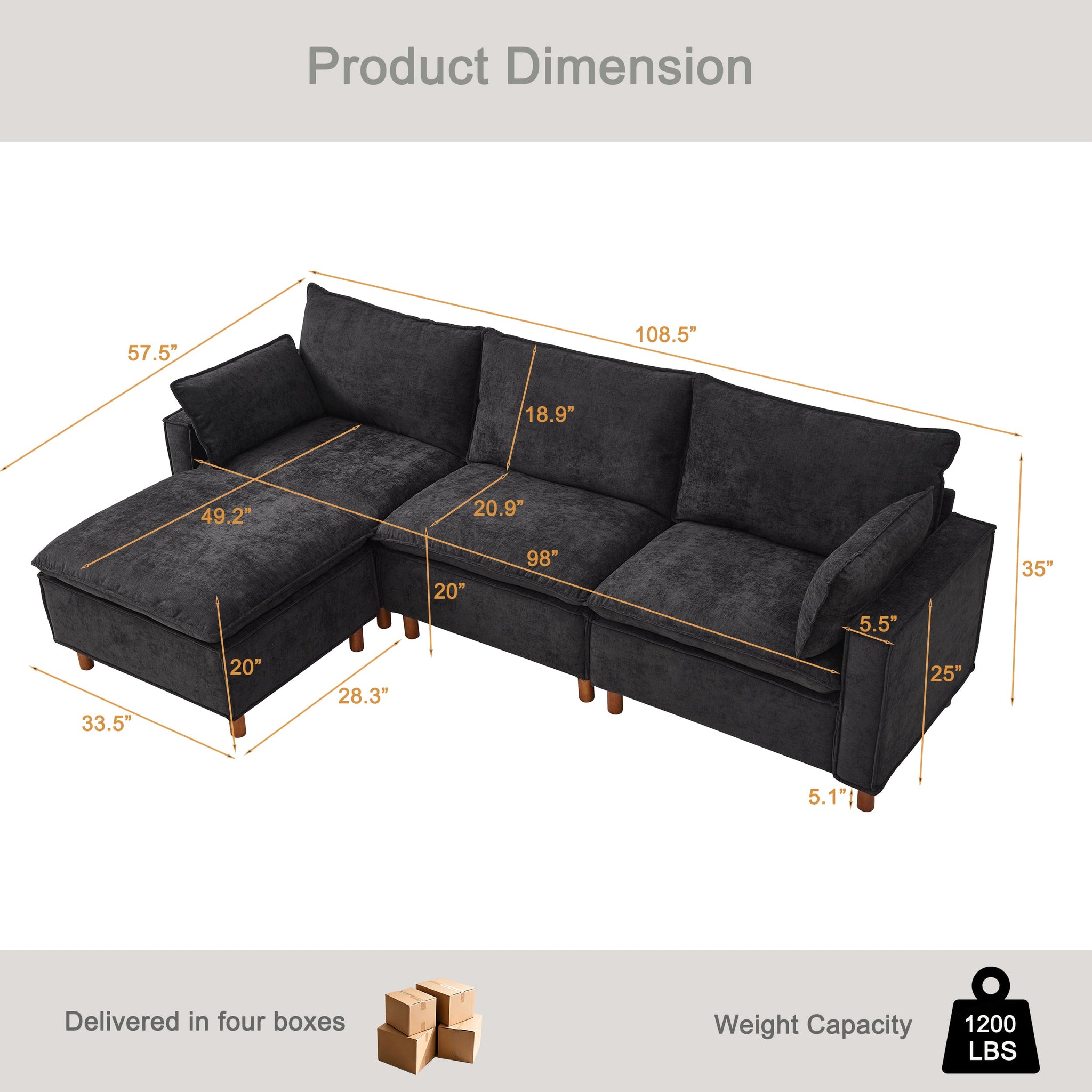 108.5" Modular Sectional L Shape Sofa with Movable Ottoman by HouseOfZazla