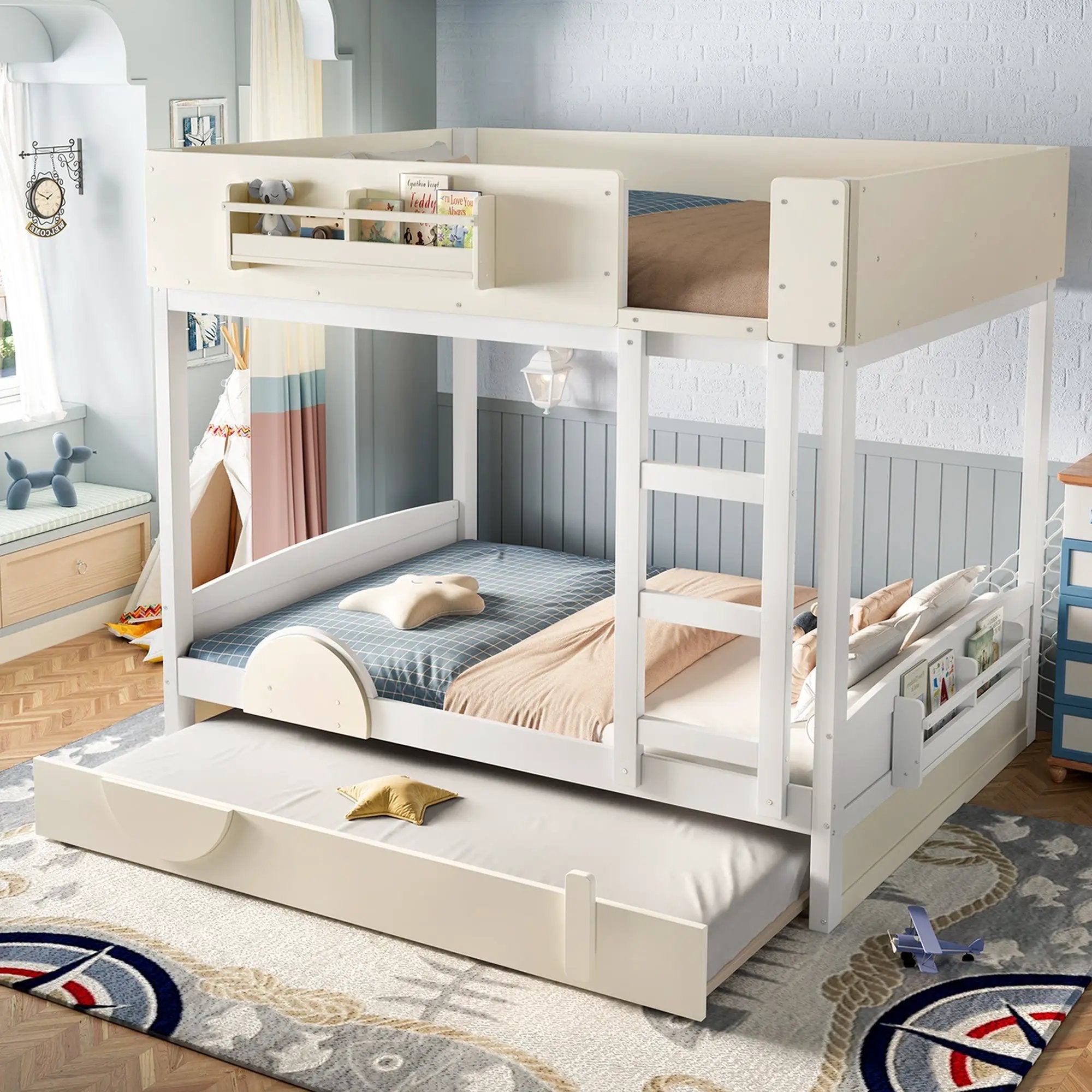 Full Bunk Bed with Trundle, Wood Bunk Bed Frame with Bookshelf by HouseOfZazla