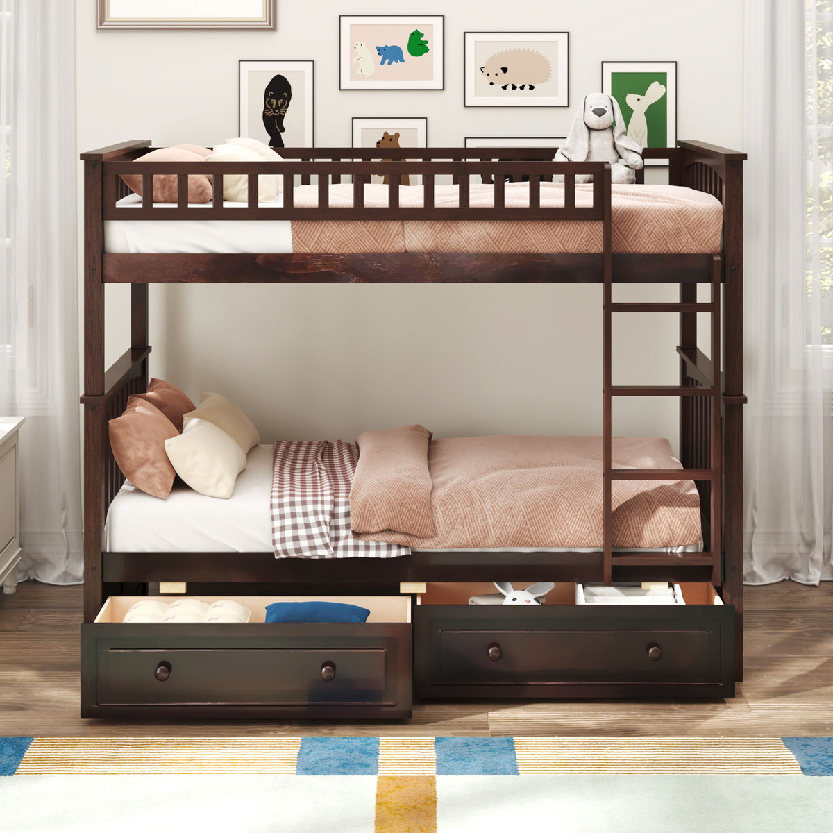 Convertible Bunk Bed With Drawers - Solid Wood with Storage - White, Dark Brown or Dark Gray, photo 35 of 40