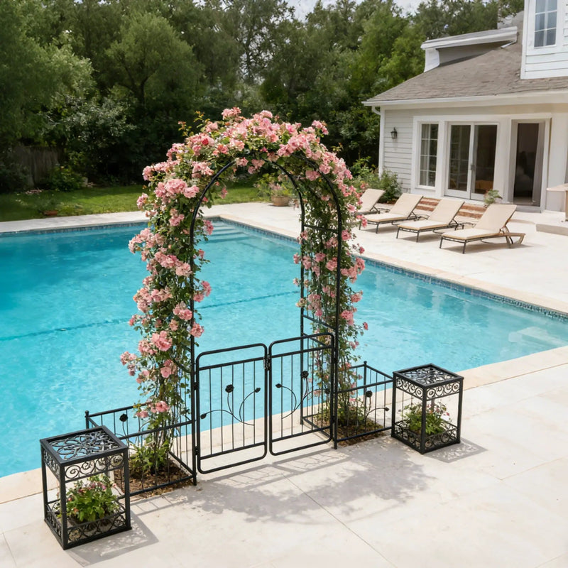 Metal Garden Arch With Gate Wide High Climbing Plants Support Rose Arch Outdoor - Black by Unique Piece Furniture