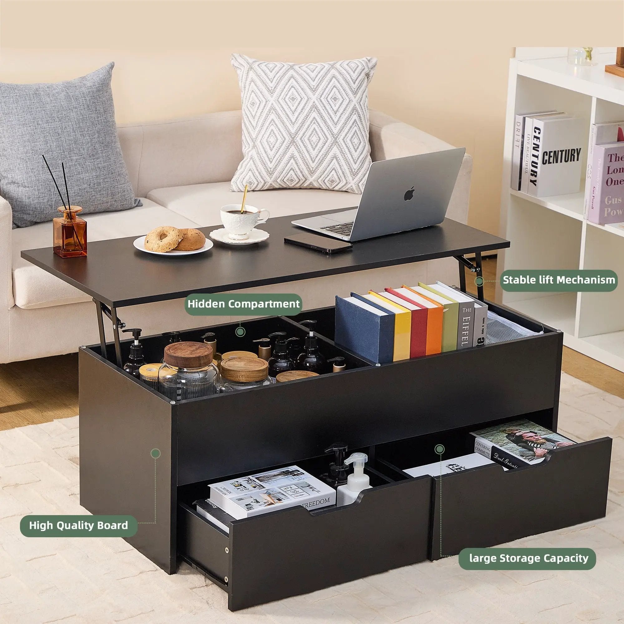 Lift-Top Coffee Table With Storage Center Tables Hidden Compartment & 2 Drawers, Sofa Table For Living Room - Black by HouseOfZazla