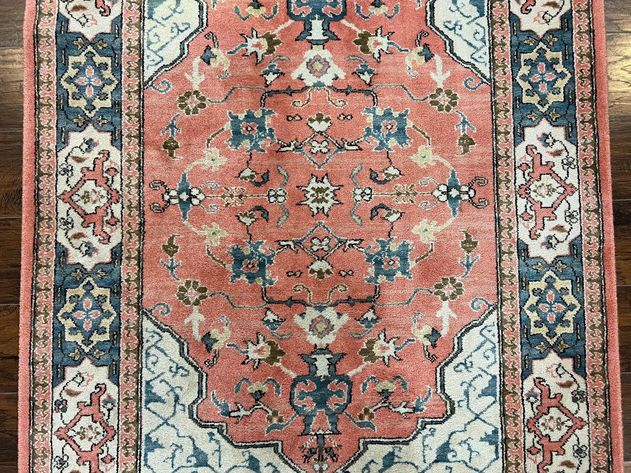 Karastan Rug 4x6 Bergama Design #737, Karastan Area Rug, Vintage Wool Karastan Carpet, Original Collection 700 Series, Salmon Red Light Blue by Jewel Rugs