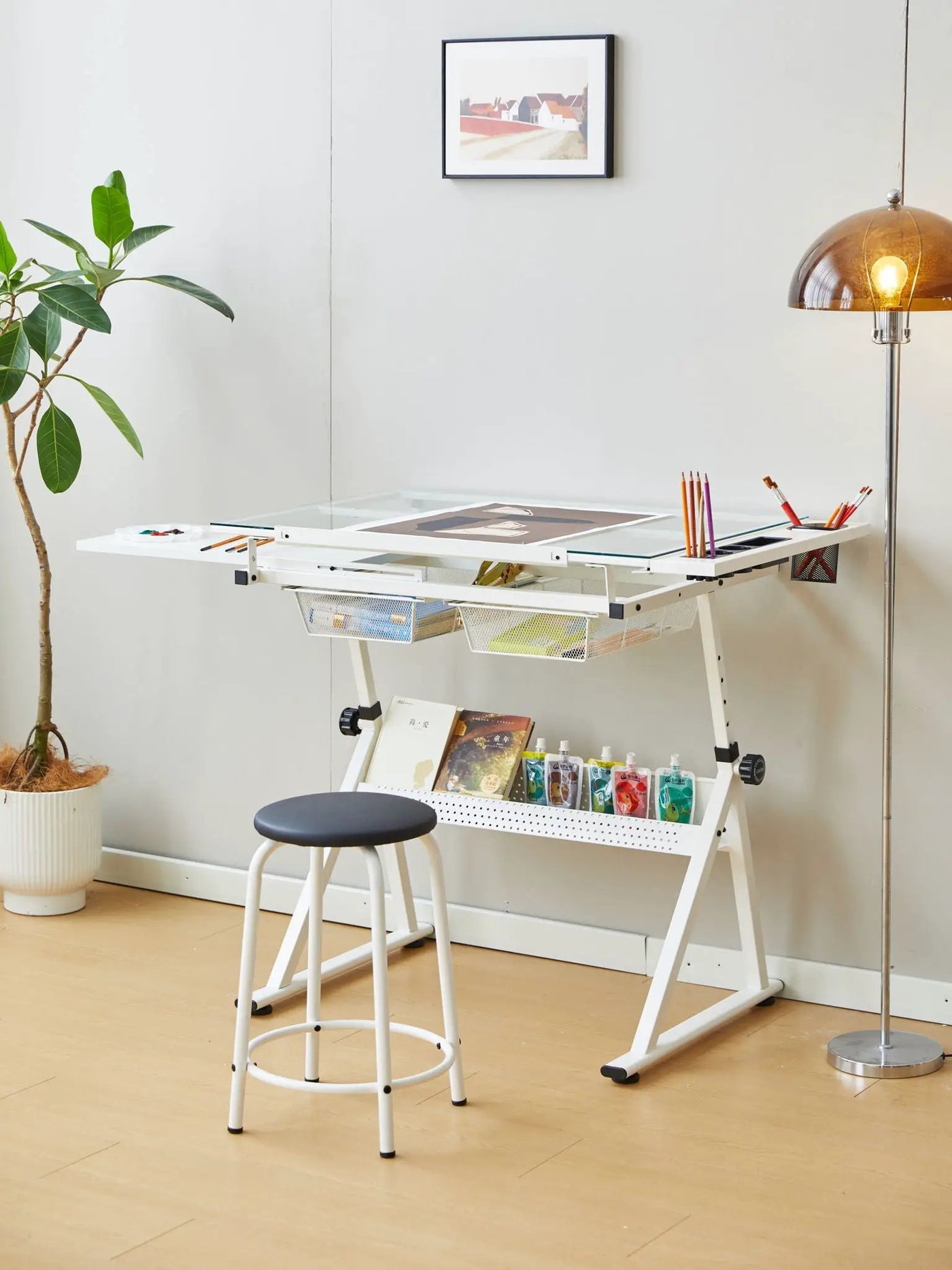 Adjustable Tempered Glass Drafting Printing Table With Chair by Unique Piece Furniture
