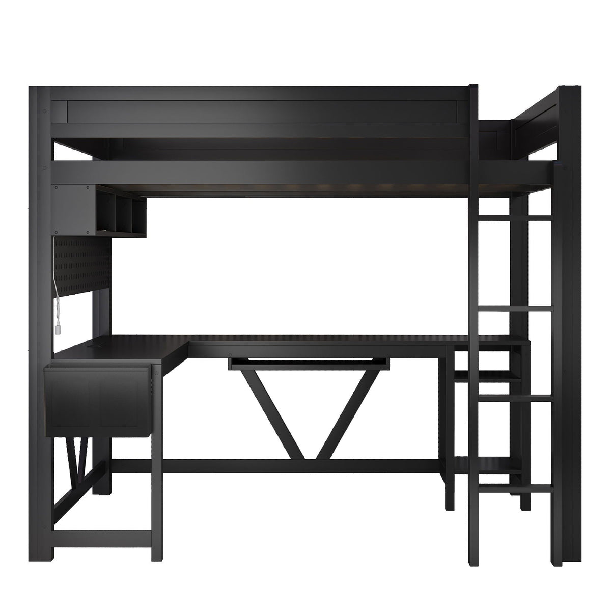 Gaming Loft Bed With Desk, Storage Shelves, LED and Charging Station - Full