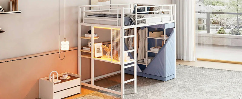 Loft Bed With Desk, Shelves, Power Outlet, LED Light And Wardrobe by HouseOfZazla